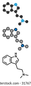 Dimethyltryptamine (DMT) psychedelic drug molecule. Present in the drink ayahuasca. Stylized 2D renderings and conventional skeletal formula. 