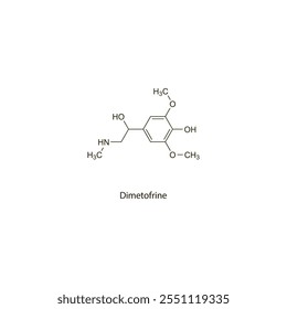 Fármaco simpaticomimético de estrutura molecular esquelética plana dimetofrina usado no tratamento de hipotensão. Diagrama científico de ilustração vetorial.