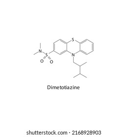 Dimetotiazine molecule flat skeletal structure, Phenothiazine Serotonin antagonist class drug used to treat migraine. Vector illustration.