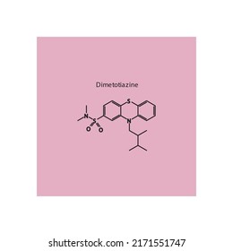 Dimetotiazin-Molekül flache skelettale Struktur, Phenothiazin Serotonin-Antagonist-Klasse Arzneimittel zur Behandlung von Migräne. Vektorgrafik auf rosafarbenem Hintergrund.