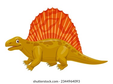 Dimetrodon dinosaur cheerful cartoon character. Prehistoric dinosaur, Jurassic era reptile or extinct Dimetrodon animal cute vector mascot. Paleontology lizard funny personage or childish character