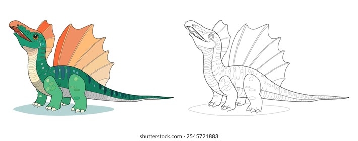 Dimetrodon dinosaur hand drawn for coloring book, vector illustrations for kids. Anti-stress coloring for kids and children. Dinosaur in two versions, colored and black and white.
 