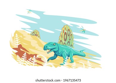 Dimetrodon dinosaur in nature vector illustration. Prehistoric extinct giant reptile animal flat style. Wildlife and jurassic period concept. Isolated on white background