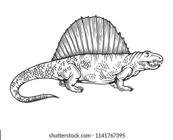 Dimetrodon dinosaur prehistoric extinct animal engraving vector illustration. Scratch board style imitation. Black and white hand drawn image.