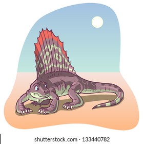 A Dimetrodon dinosaur under a desert sun rendered as a vector cartoon.