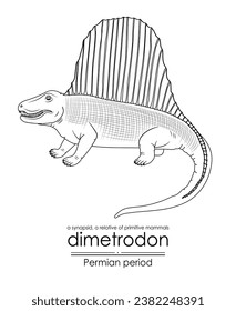 Dimetrodon, uno de los primeros parientes de los mamíferos, período pérmico sinápsido, arte de línea blanca y negra, perfecto para colorear y propósitos educativos.