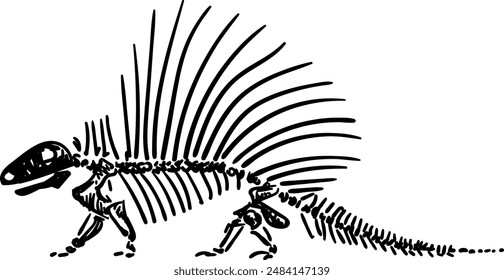 Dimetrodon skeletons. Dino bones. Remains of ancient animal vector illustration