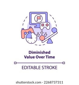 Diminished value over time concept icon. Gamification challenges in e learning abstract idea thin line illustration. Isolated outline drawing. Editable stroke. Arial, Myriad Pro-Bold fonts used