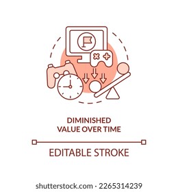 Weniger Wert im Laufe der Zeit Terrakotta Konzept Symbol. Gamification-Symbole in e Lernen abstrakte Idee dünne Linie Illustration. Einzeln Umrisszeichnung. Bearbeitbarer Strich. Arial, Myriad Pro Fett Schriftarten verwendet
