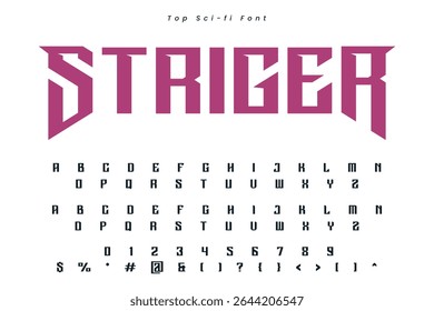 Dimitri 2 font in the Hibiscus color, trendy simple alphabet, bold letters and numbers made in mosaic style, vector illustration