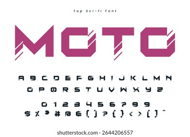 Dimitri 2 font in the Hibiscus color, trendy simple alphabet, bold letters and numbers made in mosaic style, vector illustration