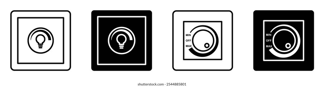 Dimmer icon collection in black and white filled and solid vector style.