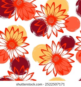 Dimorphotheca beautiful summer seamless pattern. Osteospermum bloom over circles background. Decorative garden flowers vector wallpaper. Adorable floral ornament.