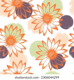 Dimorfotheca hermosa relación veraniega perfecta. Rudbeckia daisy florece sobre los círculos de fondo. Decorativo diseño de lino de flores de jardín. Elegante ornamento botánico.