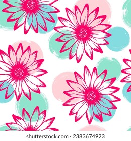 Dimorphotheca beautiful summer seamless rapport. Rudbeckia daisy bloom over circles background. Creative garden flowers scrapbooking swatch. Girlie floral rapport.