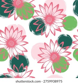 Dimorphotheca beautiful summer seamless rapport. Osteospermum blossom over circles background. Doodle garden flowers scrapbooking swatch. Girlie natural rapport.