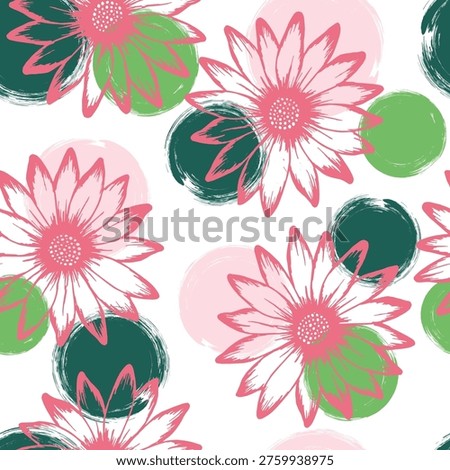 Dimorphotheca beautiful summer seamless rapport. Osteospermum blossom over circles background. Doodle garden flowers scrapbooking swatch. Girlie natural rapport.