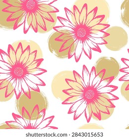 Dimorphotheca bright vector repeat pattern. Camomile daisy blossom over circles background. Doodle garden flowerheads scrapbooking swatch. Girlie floral rapport.