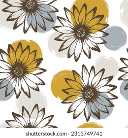 Dimorphotheca colorful summer seamless pattern. Osteospermum bloom over circles background. Creative garden flowers linen pattern. Elegant natural rapport.