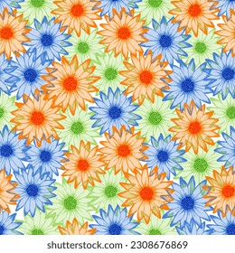 Dimorphotheca colorful summer seamless rapport. Camomile daisy bloom with transparent petals. Doodle garden flowerheads fabric design. Subtle natural background.