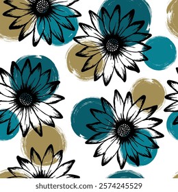 Dimorphotheca colorful vector repeat rapport. Camomile daisy blossom over circles background. Doodle garden flowers vector wallpaper. Subtle floral background.