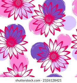 Dimorphotheca cute summer endless pattern. Sunflower bloom over circles background. Decorative garden flowers scrapbooking swatch. Girlie botanical background.