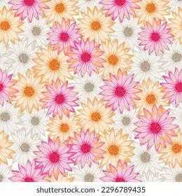 Dimorphotheca naive vector endless pattern. Rudbeckia daisy blossom with transparent petals. Creative garden flowerheads vector wallpaper. Elegant botanical ornament.