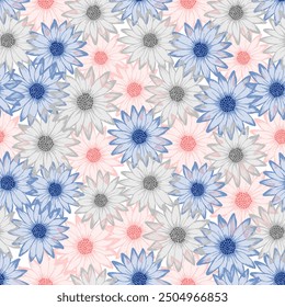 Dimorphotheca romantic summer endless rapport. Camomile daisy bloom with transparent petals. Decorative garden flowers fabric design. Girlie floral ornament.