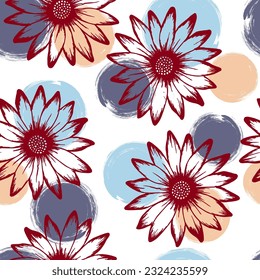 Dimorphotheca romantic vector repeat rapport. Sunflower blossom over circles background. Decorative garden flowerheads vector wallpaper. Subtle botanical background.