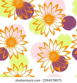 Dimorphotheca romantic vector seamless pattern. Osteospermum blossom over circles background. Creative garden flowers linen pattern. Girlie floral rapport.