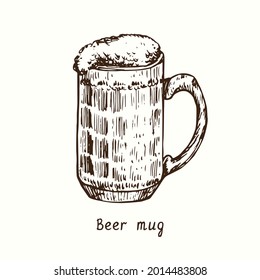 Dimpled beer mug. Ink black and white doodle drawing in woodcut style.