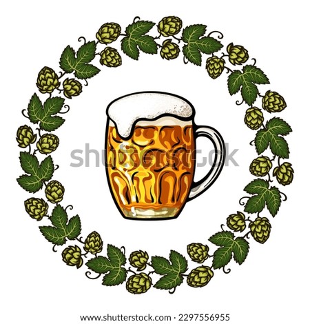 Dimpled glass beer mug framed by round frame made of beer hops branches with leaves and hop cones. Hand drawn vector illustration isolated on white background.