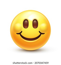 Dimpled smile emoji. Happy smiling emoticon, wide smiled yellow face 3D stylized vector icon