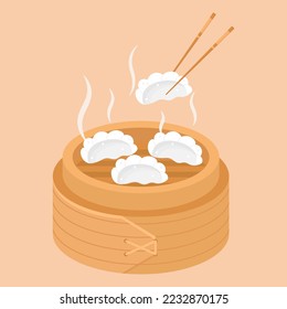 Dimsam, traditional Chinese dumplings, in a bamboo basket with chopsticks. Asian cuisine. Vector illustration.