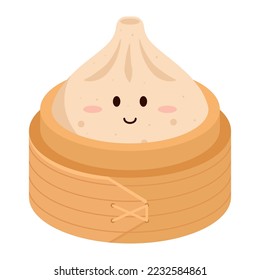 Dimsam, traditional Chinese dumplings, with funny smiling faces. Kawaii asian food. Vector illustration.