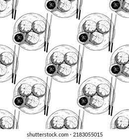 Dimsum Dumpling And Sauce In Seamless Pattern With Hand Drawing Style