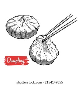 Dimsum dumpling Tradition china hand drawn sketches with chopstick on white isolation background