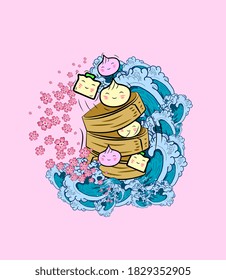 dimsum illustration design for sukajan is mean japan traditional cloth or t-shirt with digital hand drawn Embroidery Men T-shirts Summer Casual Short Sleeve Hip Hop T Shirt Streetwear