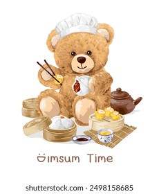 dimsum tike slogan with bear doll eating dimsum vector illustration