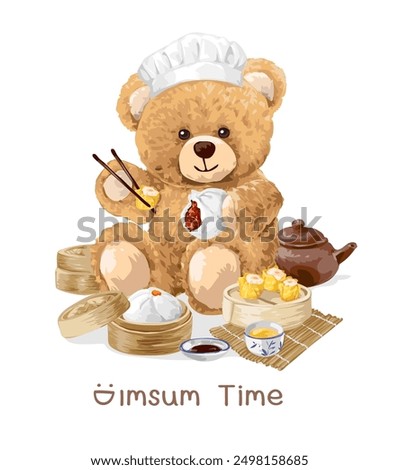dimsum tike slogan with bear doll eating dimsum vector illustration
