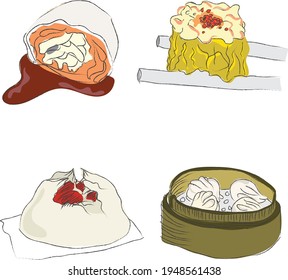 Dimsum vector in hand draw style, well-known Asian food including steamed bun,Dumplings,Spring rolls.