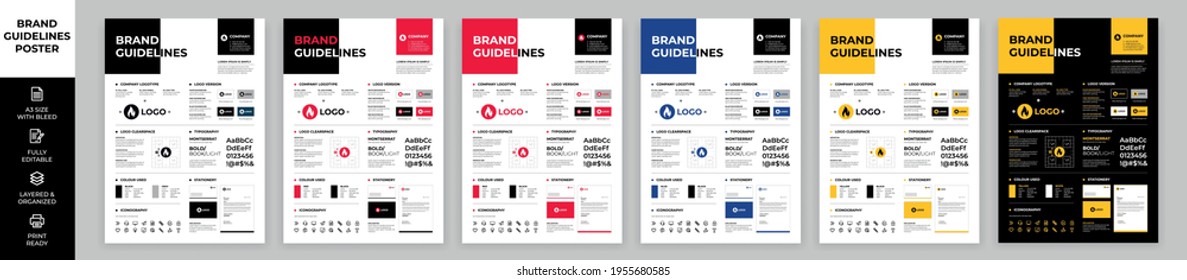 DIN A3 Brand Guidelines Poster Layout Set, Brand Manual Templates, Simple style and modern layout, Brand Identity, Brand Guidelines