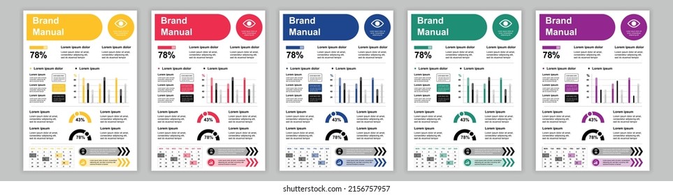 DIN A3 Business Brand Manual Templates Set. Company Identity Brochure Page With Infographic With Different Sales Performance. Advertisement, Promotion. Vector Layout Design For Poster, Cover, Brochure