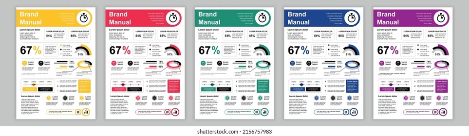 DIN A3 Business Brand Manual Templates Set. Company Identity Brochure Page With Infographic Data. Management And Marketing At Presentation Banner. Vector Layout Design For Poster, Cover, Brochure