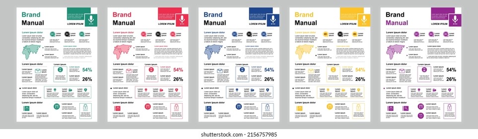 DIN A3 Business Brand Manual Templates Set. Company Identity Brochure Page With Infographic. Business Presentation, Management And Communication. Vector Layout Design For Poster, Cover, Brochure