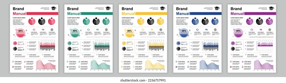 DIN A3 business brand manual templates set. Company identity brochure page with marketing report data. Newsletter with analysis financial report. Vector layout design for poster, cover and brochure