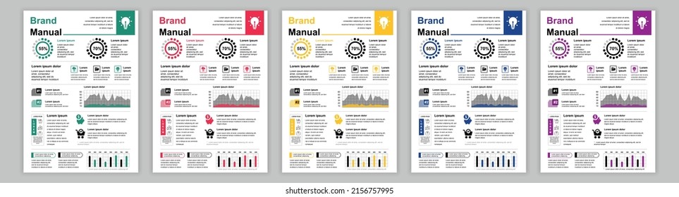 DIN A3 Business Brand Manual Templates Set. Company Identity Brochure Page With Infographic Data. Advertisement, Brainstorm And Marketing At Banner. Vector Layout Design For Poster, Cover, Brochure