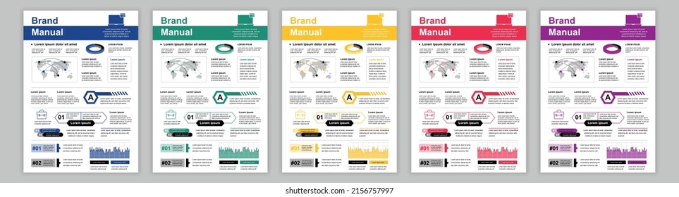 DIN A3 Business Brand Manual Templates Set. Company Identity Brochure Page With Infographic. Outsourcing Business, Global Leadership And Investment. Vector Layout Design For Poster, Cover, Brochure