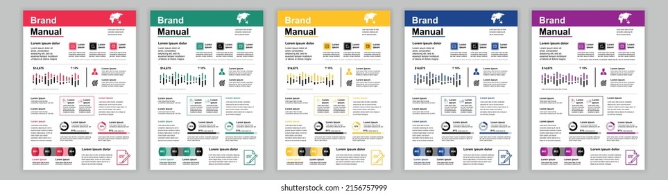 DIN A3 Business Brand Manual Templates Set. Company Identity Brochure Page. Banner With Infographic For Promotion, Leadership, Marketing And Target. Vector Layout Design For Poster, Cover, Brochure