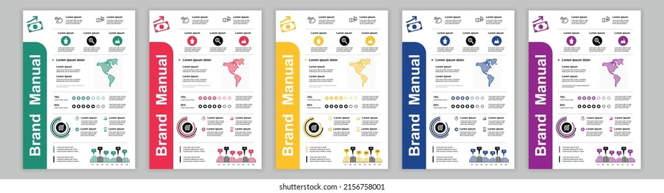 DIN A3 business brand manual templates set. Company identity brochure page with global targets, commercial proposals. Advertisement banner or flyer. Vector layout design for poster, cover, brochure